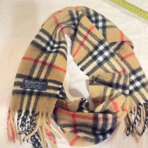 Burberry Tan and Black Plaid Scarf with Red Accents